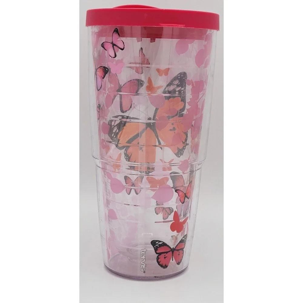 Tervis Tumbler Butterfly Pink 24Oz Double Wall Insulated Travel Cup Lid USA Made